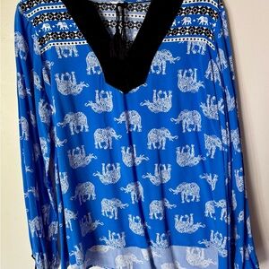Crown & Ivy Blue and Black Elephant Print Blouse, 1X